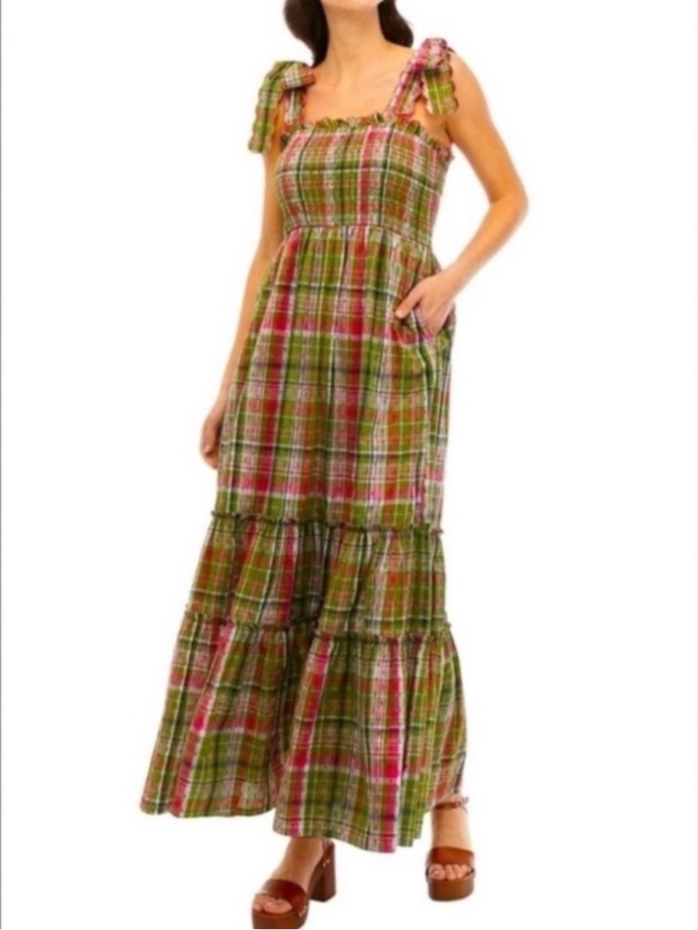 Crown & Ivy Plaid Smocked Tiered
Cotton Maxi Dress